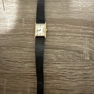 Womens Tank Pulsar by Seiko Y432-5010 Black Leather Working Vintage - Gold Tone